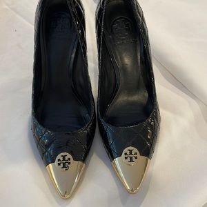 Tory Burch Women's Black Patent Leather Pump Embellished Heel and Toe 7.5 M.